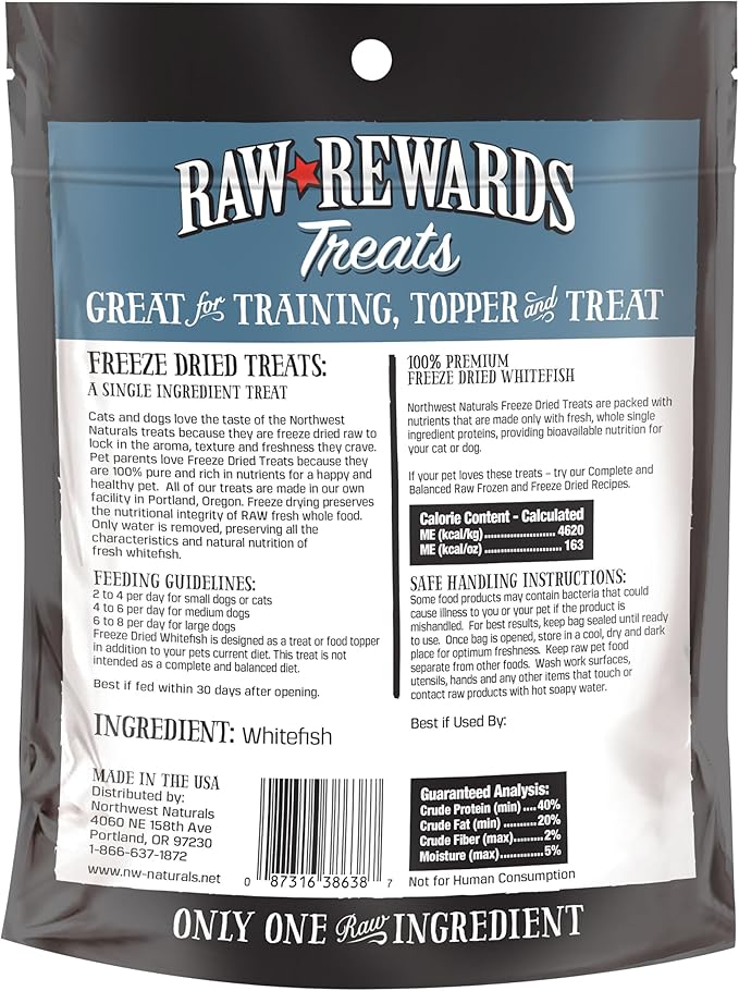 Northwest Naturals Raw Rewards Freeze-Dried Whitefish Treats for Dogs and Cats - Bite-Sized Pieces - Healthy, 1 Ingredient, Human Grade Pet Food, All Natural - 2.5 Oz (Pack of 3)