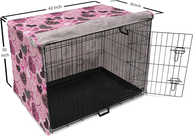 Lunarable Hearts Dog Crate Cover, Sewing Themed Love with Polka Dots Valentine's Day Inspired Image, Easy to Use Pet Kennel Cover for Medium Large Dogs, 42 Inch, Pink Black White