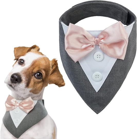 FUAMEY Dog Tuxedo,Formal Dog Wedding Bandana Dog Collar with Bow Tie Dog Birthday Costume Adjustable Pet Party Tux Dog Wedding Attire,Dog Valentines Outfit Cosplay for Small Medium Large Pets Grey L