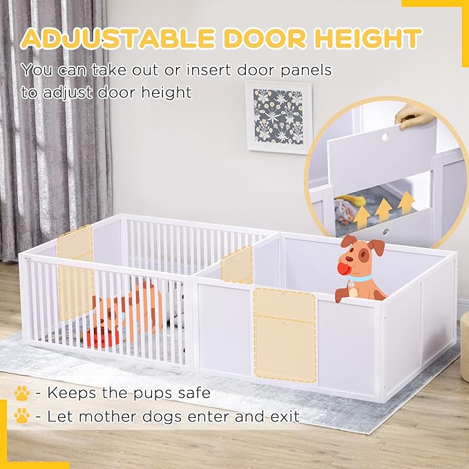 PawHut Whelping Box for Dogs Built for Mother's Comfort, Dog Whelping Pen with Removable Doors, Puppy Playpen for Indoors, Newborn Puppy Supplies & Essentials, 81" x 39" x 20", White