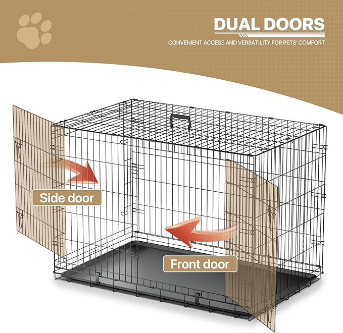 MoNiBloom 24/30/36/42/48 Dog Crates, Foldable Metal Wire Dog Cage with Double-Door, Outdoor Indoor Pet Kennels, Includes Leak-Proof Pan, Divider Panel, Black, 48"