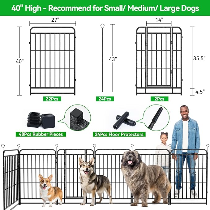 Dog Playpen Outdoor 24 Panels Heavy Duty Dog Fence 40" Height with Thick Pipe Anti-Rust with Doors Portable for RV Camping Yard, Total 54FT, 232 Sq.ft, Snowy Black