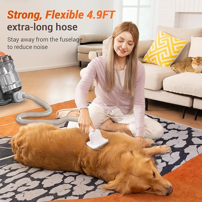 Afloia Innovative Pet Grooming Kit: Dog Brush Vacuum Attachment, Cat Brush with 1-1.5" Hoses Diameter Universal Adapter, Compatible with Most Round Vacuum Cleaners like Bissell, Eureka etc., Orange