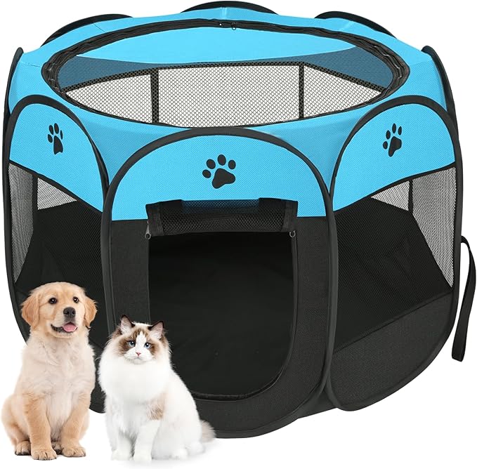 Pet Cat Playpen for Indoor Cats Enclosed, Portable Foldable Dog Playpen Outdoor with Zipper Top Cover Door for Dogs, Cats, Small Animals(M 35" * 35" * 24", Blue)