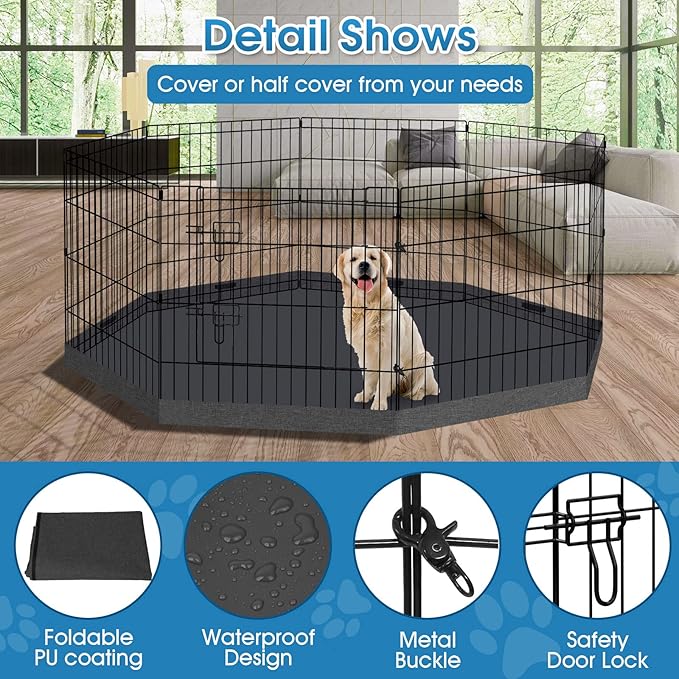 Dog Pen Pet Playpen Dog Fence Indoor Foldable Metal Wire Exercise Puppy Play Yard Pet Enclosure Indoor Outdoor 8 Panels 24 Inch with Bottom Pad/Top Cover (Black with Bottom pad)