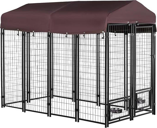 PawHut 8' x 4' x 6' Outdoor Dog Kennel with Rotating Bowl Holders, Walk-in Pet Playpen, Welded Wire Steel with Water and UV-Resistant Canopy, Red