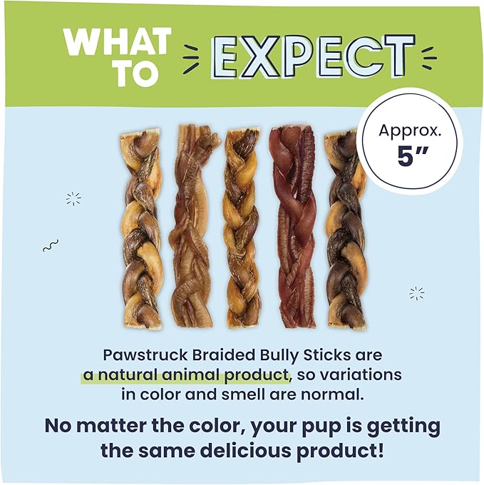 Pawstruck Natural 5” Braided Bully Sticks for Dogs - Tough Long Lasting, Rawhide Free, Low Odor, Healthy Single Ingredient Chew Treat for Aggressive Chewers - 10 Count - Packaging May Vary