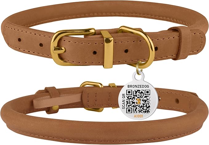 BRONZEDOG Rolled Leather Dog Collar with QR ID Tag Adjustable Soft Round Collars for Small Medium Large Dogs Puppy Cat (11" - 14 1/2" Neck Size, Light Brown)