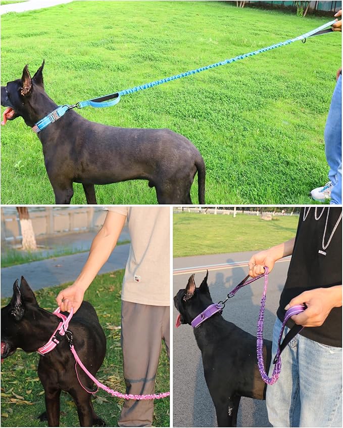 AUBELL Tactical Dog Collar and Leash Set, Adjustable Military Nylon Reflective Dog Leash and Collar with Handle and Heavy Metal Buckle for Medium Large Dogs, with Airtag Holder and 2 Patches(Blue, XL)