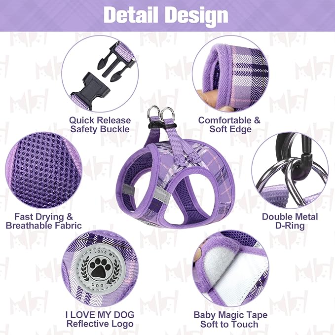 BEAUTYZOO Small Dog Harness and Leash Set,Step in No Chock No Pull Soft Mesh Dog Harnesses Reflective for Extra-Small/Small Medium Puppy Dogs and Cats, Plaid Dog Vest Harness for XS S Pets, Purple XXS