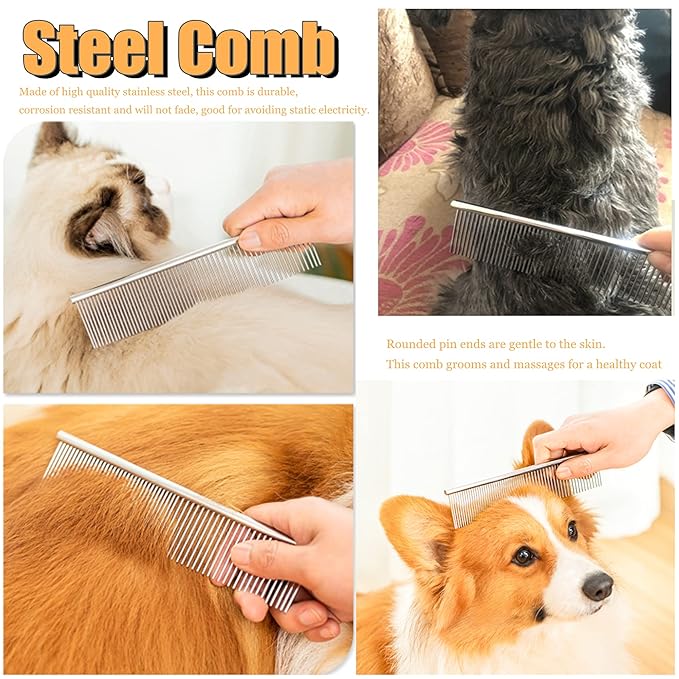 Grooming Rake Undercoat Brush for Dogs Long Hair, Long Tooth Undercoat Rake + Stainless Steel Dog Comb, Deshedding Tool Set for Husky Long-haired Cats