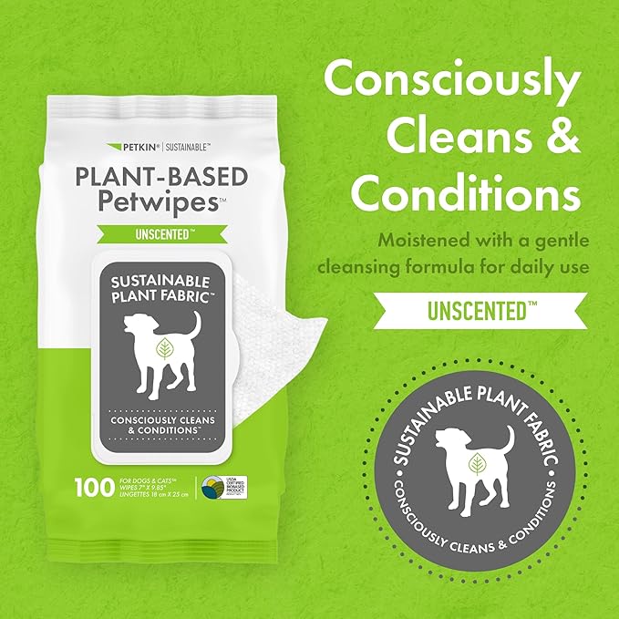 Petkin Plant-Based PetWipes, 100 Wipes - Biobased, Sustainable, Big & Thick Pet Wipes for Dogs & Cats - for Face, Paws, Ears, Body & Eye Area - Consciously Cleans & Conditions - Unscented