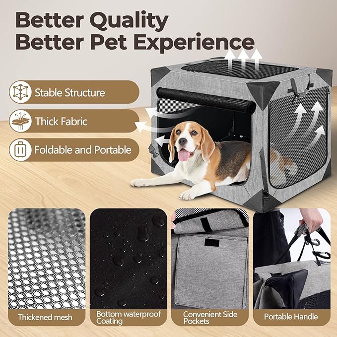 Dog Crates,Collapsible Soft Travel Crate for Medium Dogs (3 Year Warranty), Indoor & Outdoor Portable Pet Kennel with Chew Proof Mesh Window (French Gray,30" L x 21" W x 21" H) ﻿