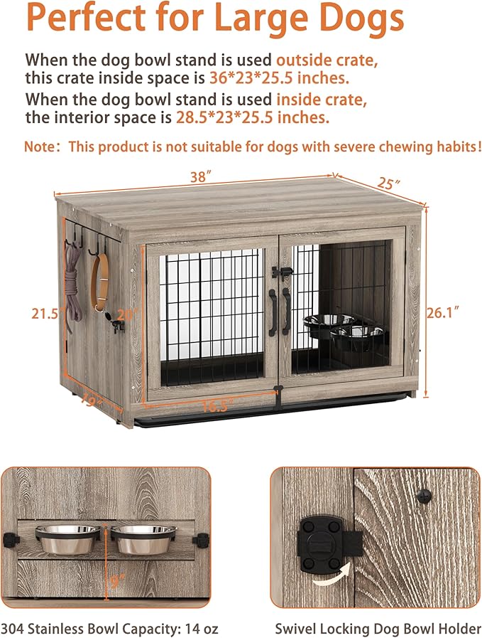 Piskyet Wooden Dog Crate Furniture with 360°Rotatable Removable Dog Bowls, Dog Crate End Table with Tray, Double Doors Dog Kennels for Dogs(L:37.7" L*25.1" W*26.1" H, Gray)