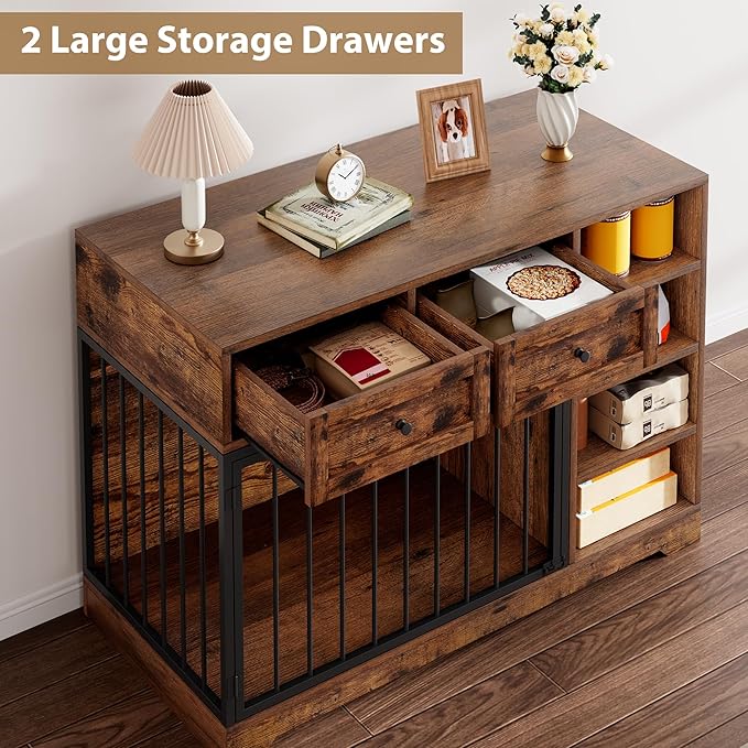 Dog Crate Furniture 47”, Large Dog Crate TV Stand with 2 Drawers and 4 Shelves, Wooden Dog Kennel Indoor, Decorative Dog Cage with Storage for Large Dogs, Brown
