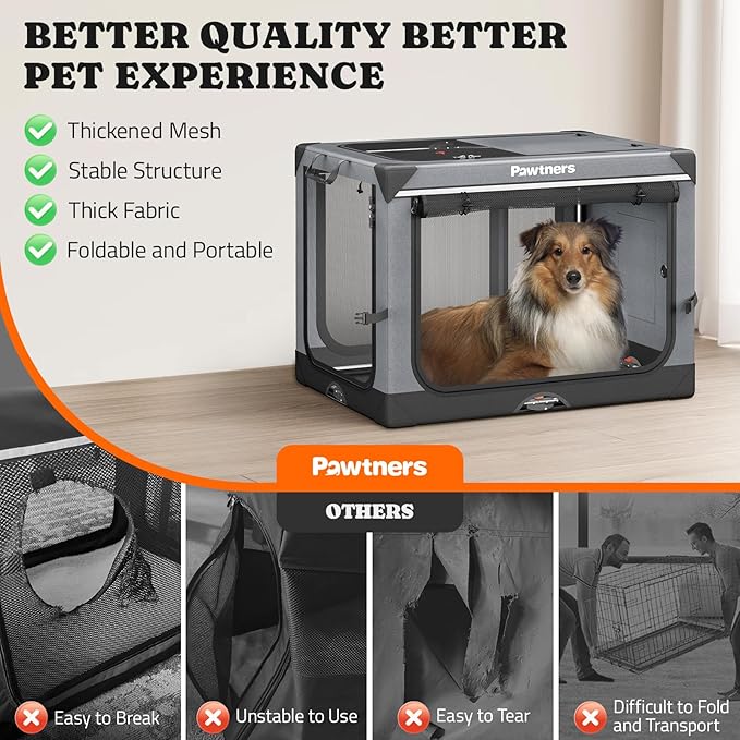 Collapsible Dog Crate: 38 Inch Foldable Soft Sided Dog Crate for Large Dogs, Portable Dog Travel Kennel with Soft Mat for Indoors & Outdoors, Grey