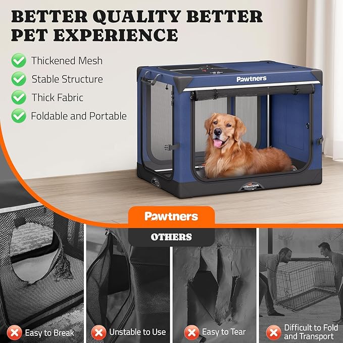 Collapsible Dog Crate: 42 Inch Foldable Soft Sided Dog Crate for Extra Large Dogs, Portable Dog Travel Kennel with Soft Mat for Indoors & Outdoors, Blue