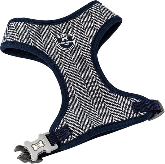 HUGO & HUDSON Dog Harness, No-Pull Anti Choke Tweed Harness Vest, Navy Herringbone, L