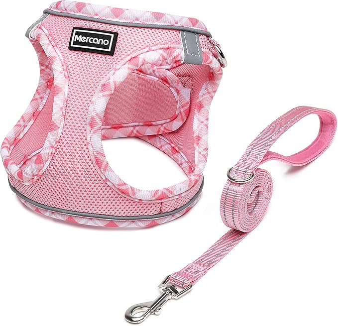 Mercano Soft Mesh Dog Harness and Leash Set, No-Chock Step-in Reflective Breathable Lightweight Easy Walk Escape Proof Vest Harnesses with Safety Buckle for Small Medium Dogs, Cats (Pink, XS)