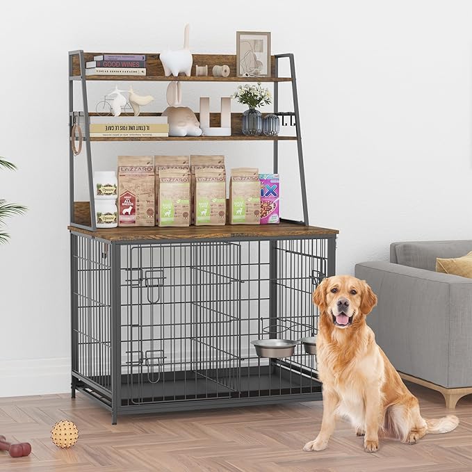 Dog Crate Furniture, 57 Inch Dog Kennel Furniture with Storage Shelves and Removable Tray, Indoor Dog House with 2 Doors and 2 Adjustable Bowls, Brown