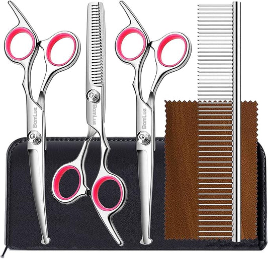 Bamlue 6 in 1 Professional Stainless Steel 4CR Safety Round Tip Dog Grooming Scissors, Anti-Rust Shears Cat Grooming Scissors Pet Kit, Thinning Straight Comb for Long Short Hair-Pink
