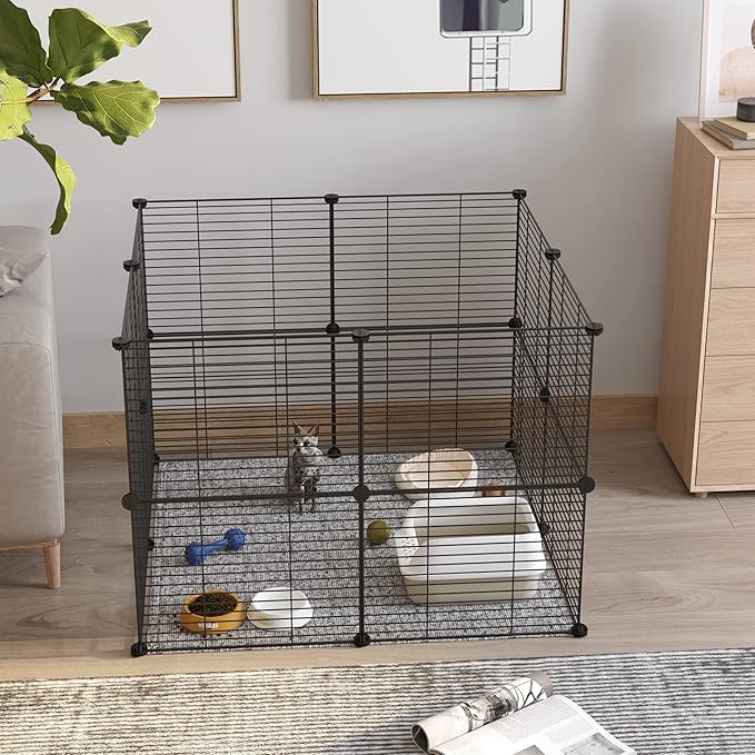 C&AHOME Pet Playpen, Small Animals Supplies, 16 Panels Exercise Playpens Cage, C Grids Portable Yard Fence Indoor, Ideal for Guinea Pigs, Pet Products, DIY Metal Yard Fence, 12" × 15" Black UPPM3416B