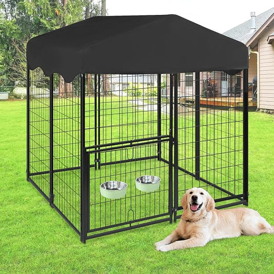 Dog Kennel Outdoor with Waterproof Roof, 4'L x 4'W x 4.5'H Large Outdoor Kennel with Rotating Feeding Door, Bowls, Dog Cage for Outside Dog House Enclosure for Dogs, Cat, Rabbits
