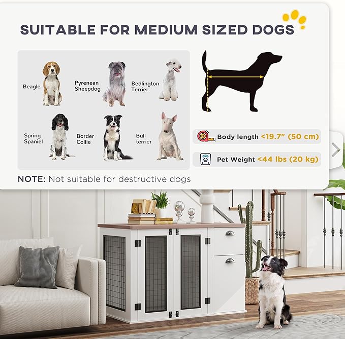 PawHut 44" Dog Crate End Table, Double Door Kennel With Storage Drawer, Indoor Furniture Style Cage for Medium Dogs, White