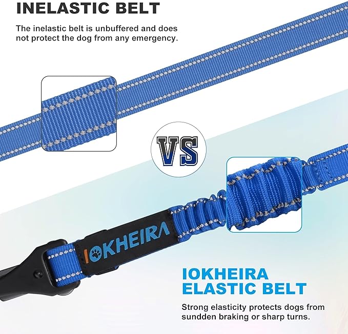 IOKHEIRA Dog Seat Belt 3-in-1 Car Harness for Dogs Adjustable Safety Seatbelt for Car Durable Nylon Reflective Bungee Fabric Tether with Clip Hook Latch & Buckle, Swivel Zinc Alloy Carabiner (Bule)