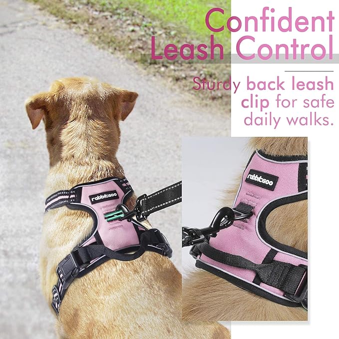 rabbitgoo Dog Harness,No-Pull Pet Harness with 2 Leash Clips, Adjustable Soft Padded Dog Vest, Reflective No-Choke Pet Oxford Vest with Easy Control Handle for Large Dogs, Pink, XL