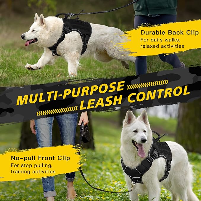 WINGOIN Black Tactical Dog Harness for Large Dogs No Pull Adjustable Reflective Military Pet Harness with Easy Control Handle with Hook & Loop Panels for Walking Hiking Training(XL)