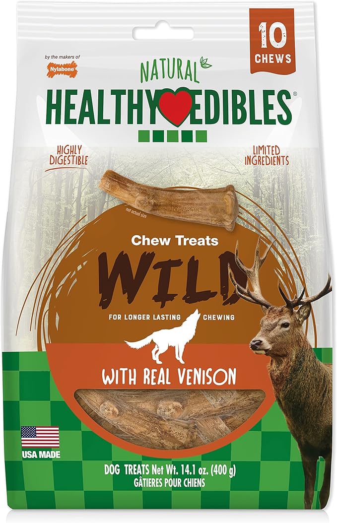 Nylabone Healthy Edibles WILD Antler Natural Long Lasting Venison Flavor Dog Chew Treats Antler Medium/Wolf (10 Count), -
