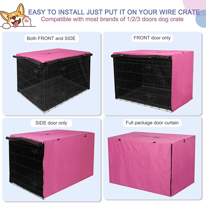 Deblue Heavy-Duty Dog Crate Cover, Privacy Pet Kennel Cover Universal Fits for 42 Inches Wire Cage, Polyester Crate Cover Fit for 1 2 3 Doors Crate (Pink)