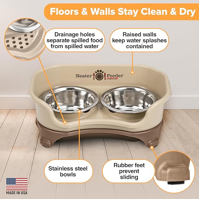 Neater Feeder Express Mess Proof Cat Bowls Elevated, No Spill Feeding Station, Stainless Steel Dishes for Food and Water, Raised Bowls for Indoor Cats, No Fatigue Whisker Friendly Dish, Cappuccino