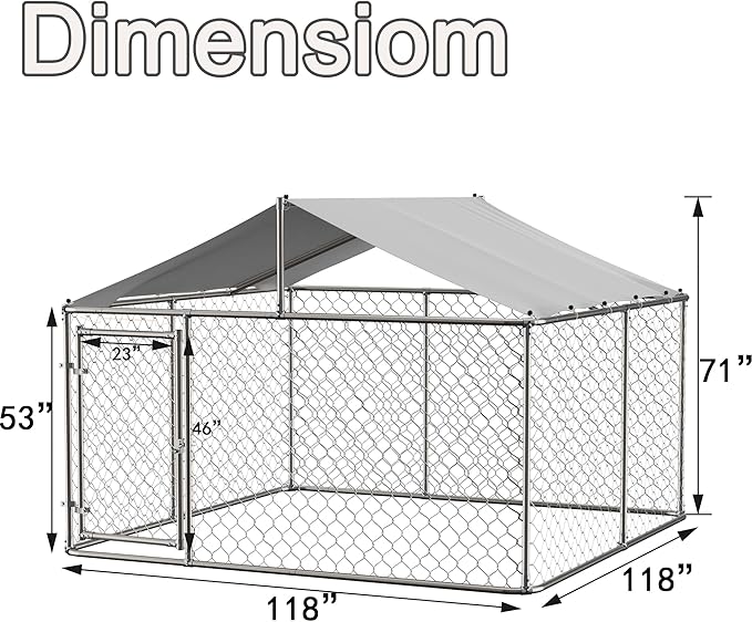 Outdoor Dog Kennel Dog Crate with Lockable Swing Gate,Water & UV Resistant Dog Enclosure Outdoor W/Pitched Roof,Heavy Duty Dog Pens Dog House Outside for Large Dogs,Gray(118"x 118")