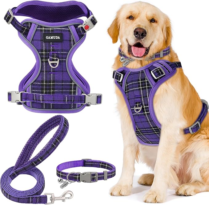 GAMUDA Dog Harness Collar and Leash Set, Dog Harness, No Chock No Pull Adjustable Vest Harnesses Plaid Reflective for Medium Dog, Cat, Small Horse, Small Bull and Pig (Purple, XL)