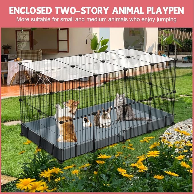 32 Panels Small Animal Playpen,Pet Playpen with Waterproof Mat,C&C Cage for Guinea Pigs, Play Pen for Rabbit and Chicken,Bunny Pen