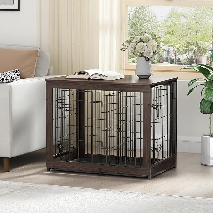 Piskyet Wooden Dog Crate Furniture with Divider Panel, Dog Crate End Table with Fixable Slide Tray, Dog Kennel Furniture, Dog Kennel Indoor for Medium Dogs(M:31.8" L*22.1" W*26.3" H,Brown Walnut)