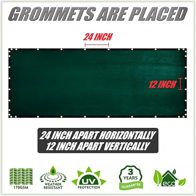ColourTree 8' x 20' Green Custom Size Shade Cloth with Grommets - 90% Sunblock, Durable Mesh Fabric Tarp for Dog Kennel Cover, Fence Privacy Screen, Greenhouse, Chicken Coop & Pet Playpen