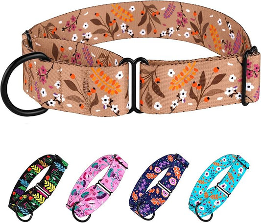 CollarDirect Martingale Collars for Dogs Heavy Duty Floral Pattern Female Safety Nylon Training Wide Collar Flower Design Large Medium (XL, Neck Size 19"-24", Toffee)
