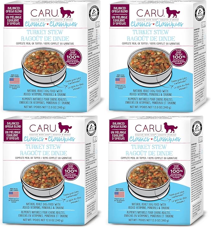 Caru - Classics Turkey Stew for Dogs - Healthy Wet Dog Food or Food Topper - Balanced Omega Blend - 12.5 oz Cartons - Pack of 4