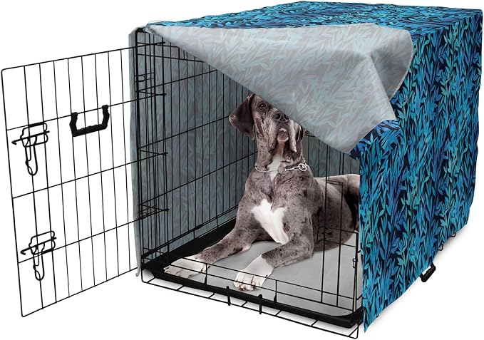 Lunarable Leaf Print Dog Crate Cover, Watercolor Hawaiian Inspired Nature Exotic Silhouettes on Dark Back, Easy to Use Pet Kennel Cover for Medium Large Dogs, 48 Inch, Violet Blue Turquoise