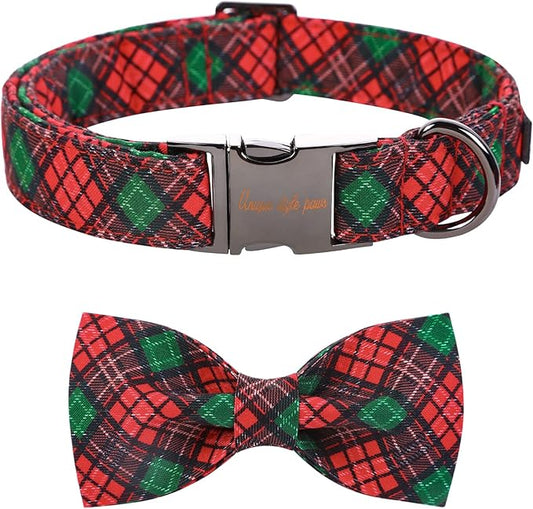 Unique style paws Christmas Dog Collar with Bow Tie Red Green Plaid Adjustable Cotton Puppy Collar for Small Medium Large Dogs-XS