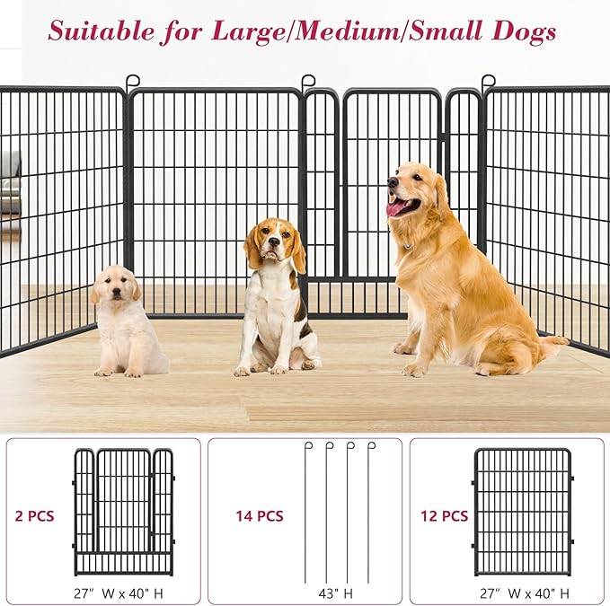 Dog Playpen, 40 inch Height 14 Panels Heavy Duty Dog Fence Pet Playpen with Door, Anti-Rust Dog Exercise Pen with Lock, Portable Pet Fence Outdoor for Yard RV Camping