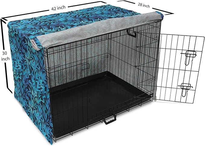 Lunarable Leaf Print Dog Crate Cover, Watercolor Hawaiian Inspired Nature Exotic Silhouettes on Dark Back, Easy to Use Pet Kennel Cover for Medium Large Dogs, 42 Inch, Violet Blue Turquoise