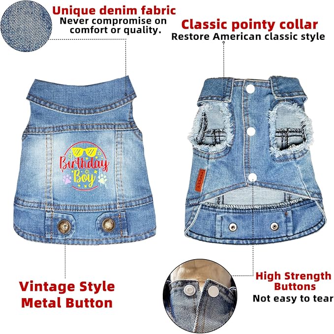 Birthday Gift Boy Dog Jeans Jacket Denim Pet Coat for Puppy Small Dogs Classic Overalls Male Cat Costumes Washed Vest Clothes Outfit T-Shirts (Large)