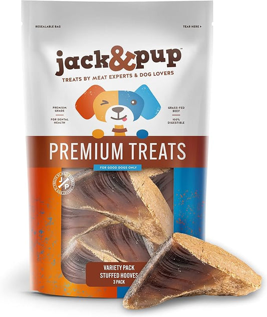 Jack&Pup Filled Cow Hooves for Dogs | Stuffed Dog Chew Hoofs (Flavors: Peanut Butter, Bacon & Cheese, Bully Sticks) | Natural Dog Chews Cow Hoofs for Dogs (Variety Pack - 3 Bones)