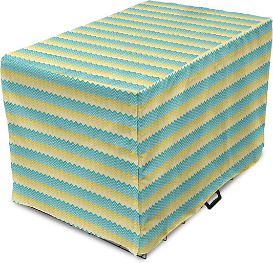Lunarable Yellow and Blue Dog Crate Cover, Horizontal Chevron Motifs Zigzag Lines Pattern Ombre Inspired Design, Easy to Use Pet Kennel Cover for Medium Large Dogs, 48 Inch, Aqua Mustard
