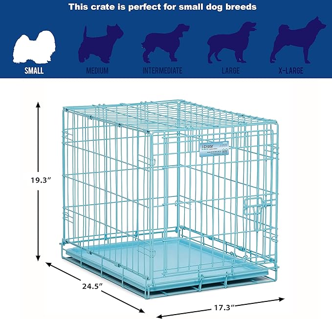 MidWest Homes for Pets Single Door Blue Folding Metal Dog Crate w/ Divider Panel, Floor Protecting 'Roller' Feet & Leak Proof Plastic Tray, 24L x 18W x 19H Inches, Small Dog Breed