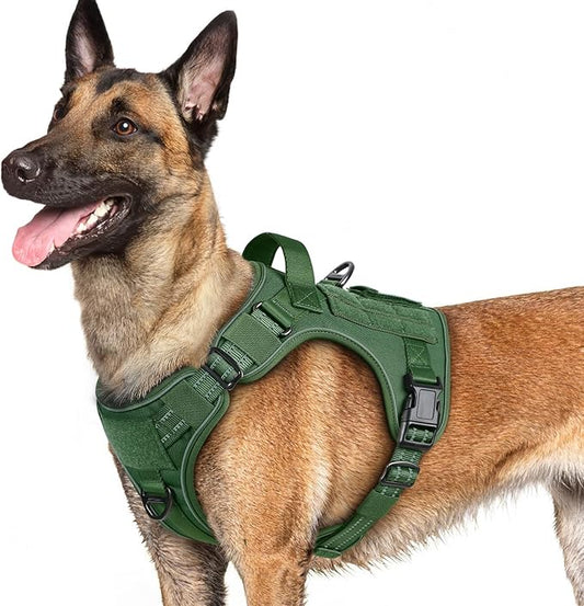 rabbitgoo Dog Harness for Large Dogs No Pull, Tactical Service Dog Vest with Molle and Control Handle, Adjustable and Reflective Military Pet Harness for Easy Walking and Training, Green, L